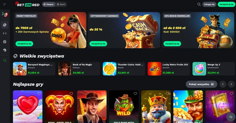 BetOnRed Casino lobby z najlepszymi grami